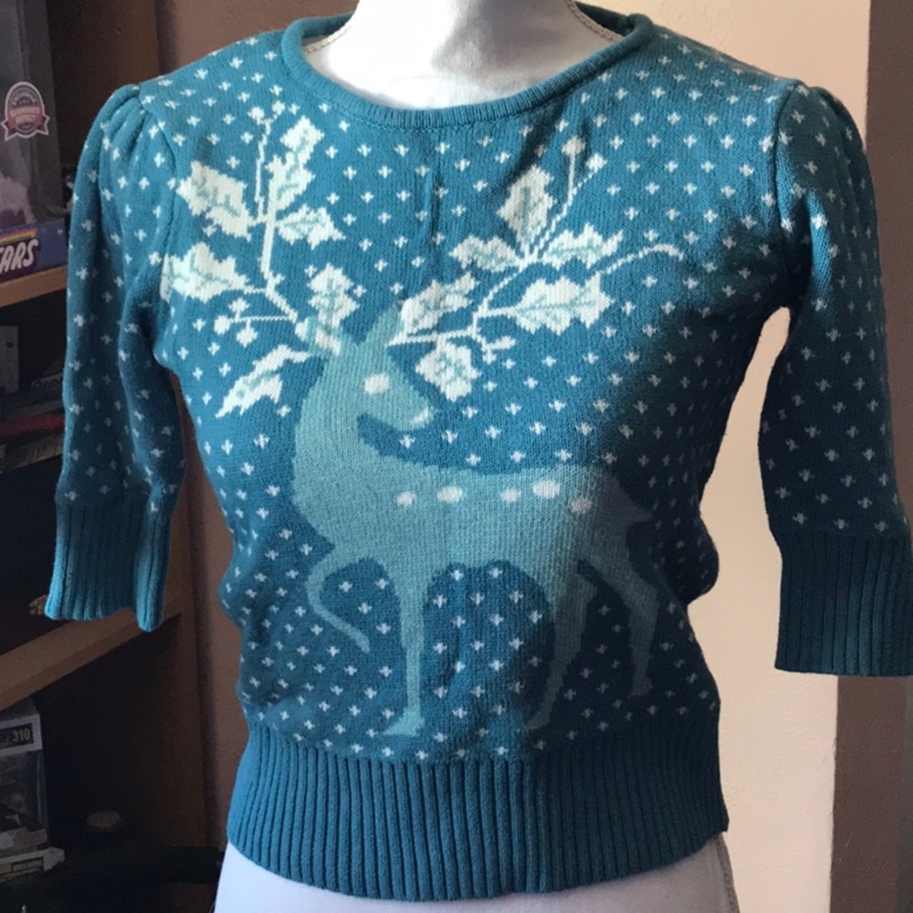 Collectif Deer cropped knit sweater retro